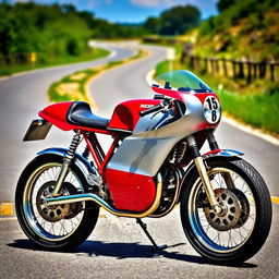 A classic Ducati 160 Sport motorcycle, beautifully preserved and showcased in a vibrant outdoor setting