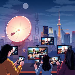 A visually engaging depiction of modern digital video broadcasting and communication technologies