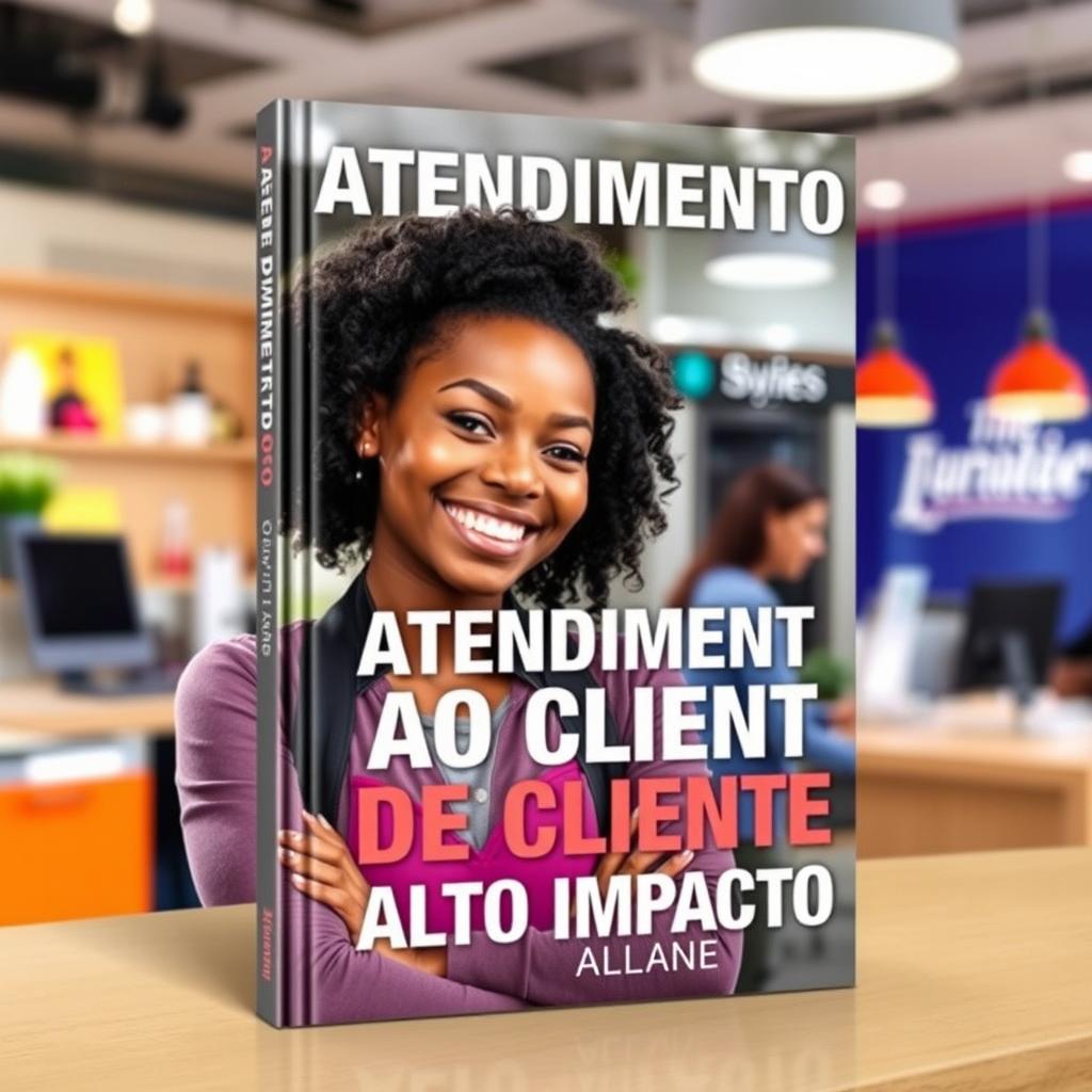 A book cover design showcasing a young, happy Black woman in a vibrant, modern, and dynamic environment, smiling and engaged in customer service