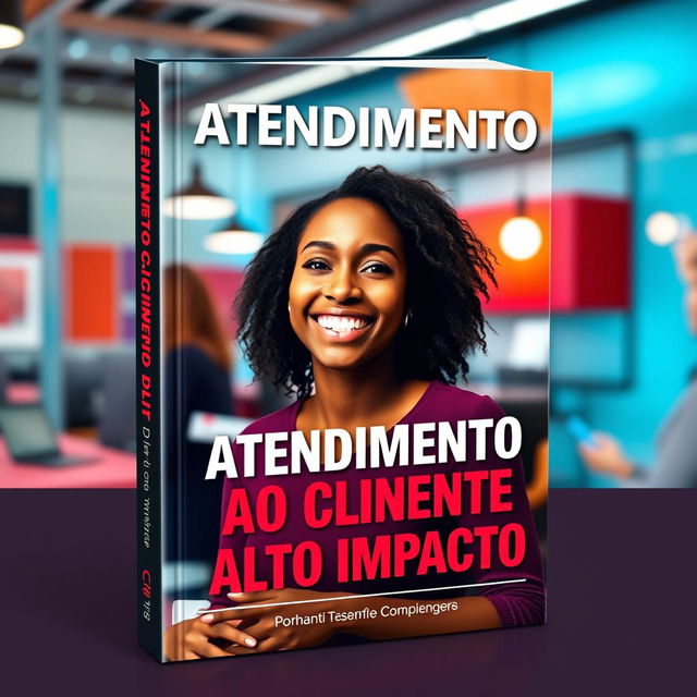 A book cover design showcasing a young, happy Black woman in a vibrant, modern, and dynamic environment, smiling and engaged in customer service