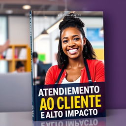 A book cover design showcasing a young, happy Black woman in a vibrant, modern, and dynamic environment, smiling and engaged in customer service