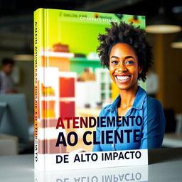 A book cover design showcasing a young, happy Black woman in a vibrant, modern, and dynamic environment, smiling and engaged in customer service