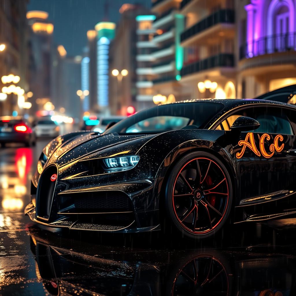 A luxurious Bugatti with a striking body kit, showcased under the rain-soaked streets of Monaco at night