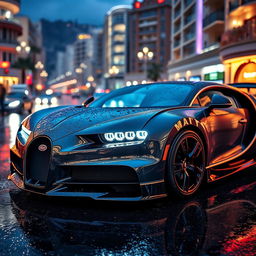 A luxurious Bugatti with a striking body kit, showcased under the rain-soaked streets of Monaco at night