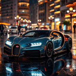 A luxurious Bugatti with a striking body kit, showcased under the rain-soaked streets of Monaco at night