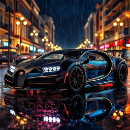 A luxurious Bugatti with a striking body kit, showcased under the rain-soaked streets of Monaco at night