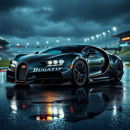 A powerful Bugatti featuring an eye-catching body kit, displayed on the iconic Spa-Francorchamps racetrack during a rain-soaked night