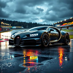 A powerful Bugatti featuring an eye-catching body kit, displayed on the iconic Spa-Francorchamps racetrack during a rain-soaked night