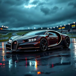 A powerful Bugatti featuring an eye-catching body kit, displayed on the iconic Spa-Francorchamps racetrack during a rain-soaked night