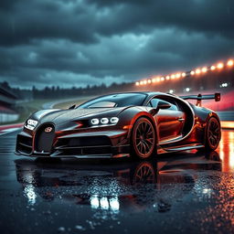 A powerful Bugatti featuring an eye-catching body kit, displayed on the iconic Spa-Francorchamps racetrack during a rain-soaked night