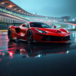 The iconic LaFerrari, enhanced with a sleek and aggressive body kit, is captured on the rain-soaked Spa-Francorchamps racetrack at night