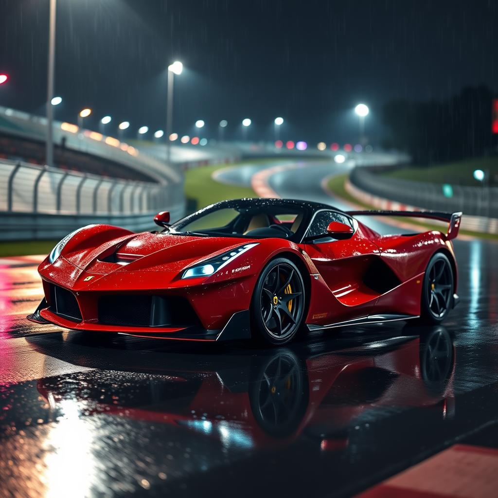 The iconic LaFerrari, enhanced with a sleek and aggressive body kit, is captured on the rain-soaked Spa-Francorchamps racetrack at night