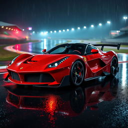 The iconic LaFerrari, enhanced with a sleek and aggressive body kit, is captured on the rain-soaked Spa-Francorchamps racetrack at night