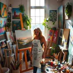 A vibrant and inspiring artist's studio filled with art supplies and colorful paintings