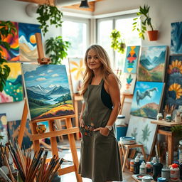 A vibrant and inspiring artist's studio filled with art supplies and colorful paintings