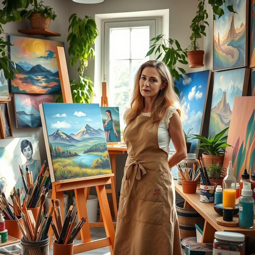 A vibrant and inspiring artist's studio filled with art supplies and colorful paintings