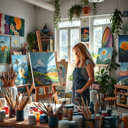 A vibrant and inspiring artist's studio filled with art supplies and colorful paintings