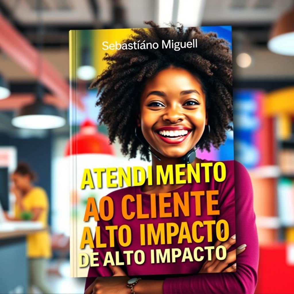 A book cover design featuring a young, happy Black woman in a vibrant, modern, and dynamic environment, joyfully engaged in customer service