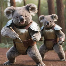 A fierce koala warrior in an intense battle with another koala warrior. Both are equipped with traditional combat armor, their eyes glowing with determination.