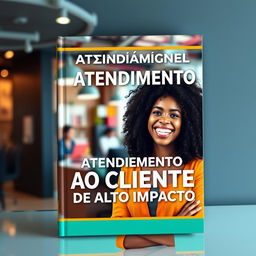 A book cover design featuring a young, happy Black woman in a vibrant, modern, and dynamic environment, joyfully engaged in customer service