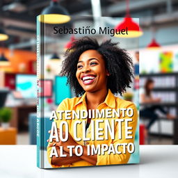 A book cover design featuring a young, happy Black woman in a vibrant, modern, and dynamic environment, joyfully engaged in customer service