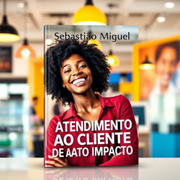 A book cover design featuring a young, happy Black woman in a vibrant, modern, and dynamic environment, joyfully engaged in customer service