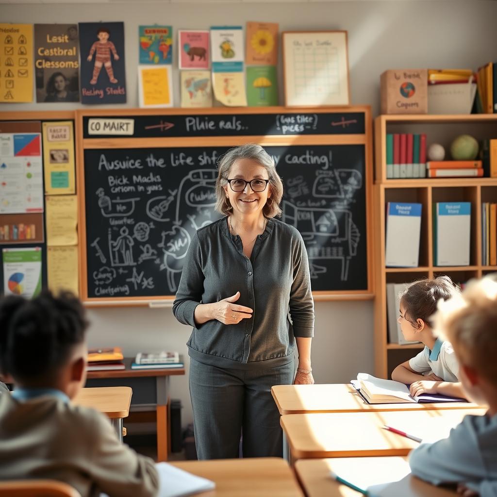 A warm and inviting classroom setting where a passionate teacher, a middle-aged woman with glasses and a friendly smile, engages with her students