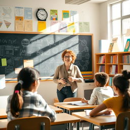 A warm and inviting classroom setting where a passionate teacher, a middle-aged woman with glasses and a friendly smile, engages with her students