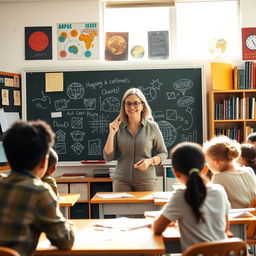 A warm and inviting classroom setting where a passionate teacher, a middle-aged woman with glasses and a friendly smile, engages with her students