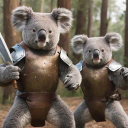 A fierce koala warrior in an intense battle with another koala warrior. Both are equipped with traditional combat armor, their eyes glowing with determination.