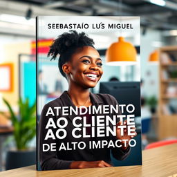 A book cover design featuring a young, happy Black woman in a vibrant, modern, and dynamic environment, joyfully interacting in a customer service scenario