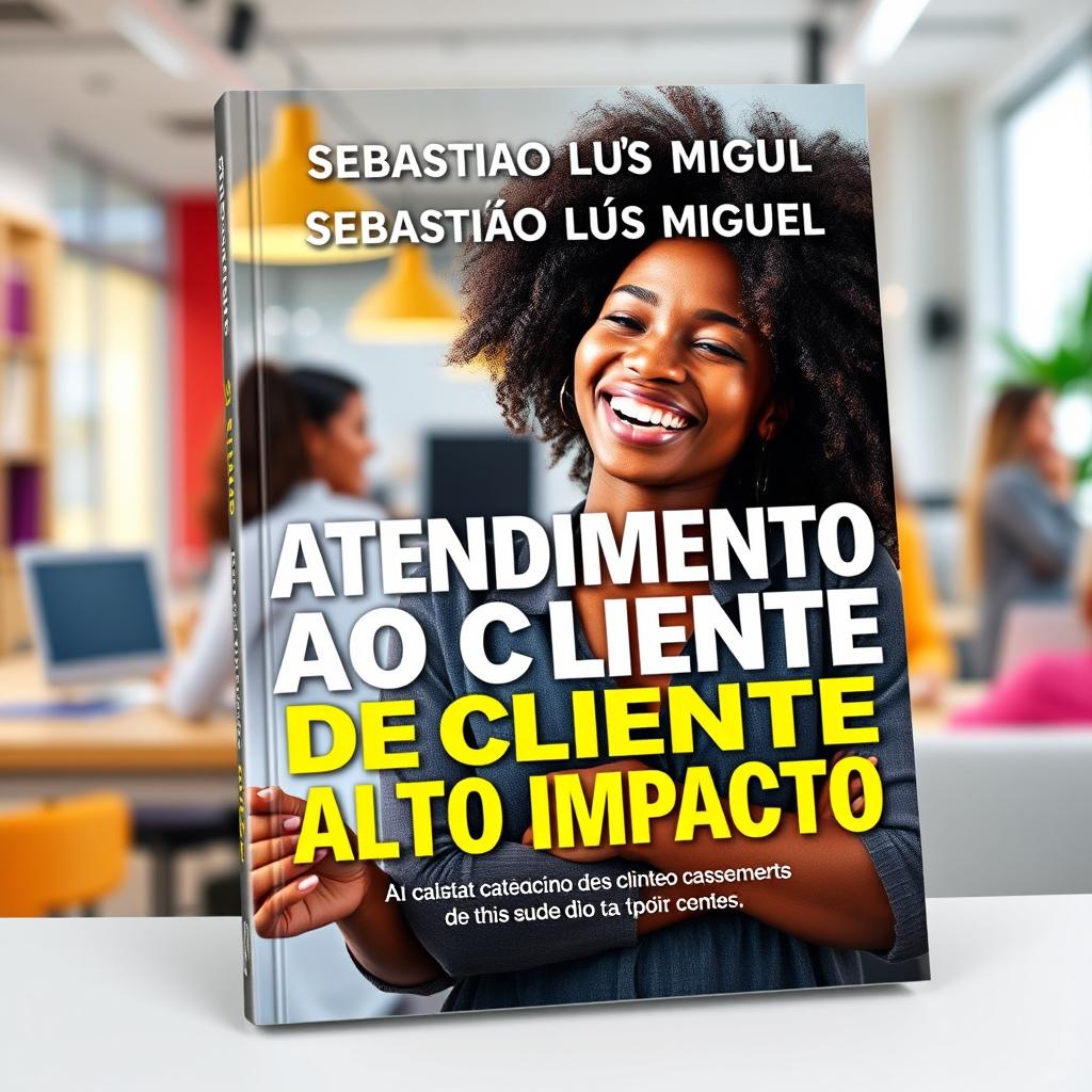 A book cover design featuring a young, happy Black woman in a vibrant, modern, and dynamic environment, joyfully interacting in a customer service scenario