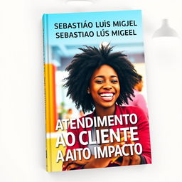 A book cover design featuring a young, happy Black woman in a vibrant, modern, and dynamic environment, joyfully interacting in a customer service scenario