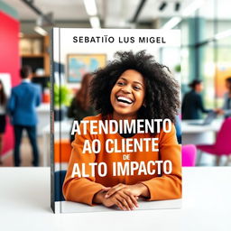 A book cover design featuring a young, happy Black woman in a vibrant, modern, and dynamic environment, joyfully interacting in a customer service scenario