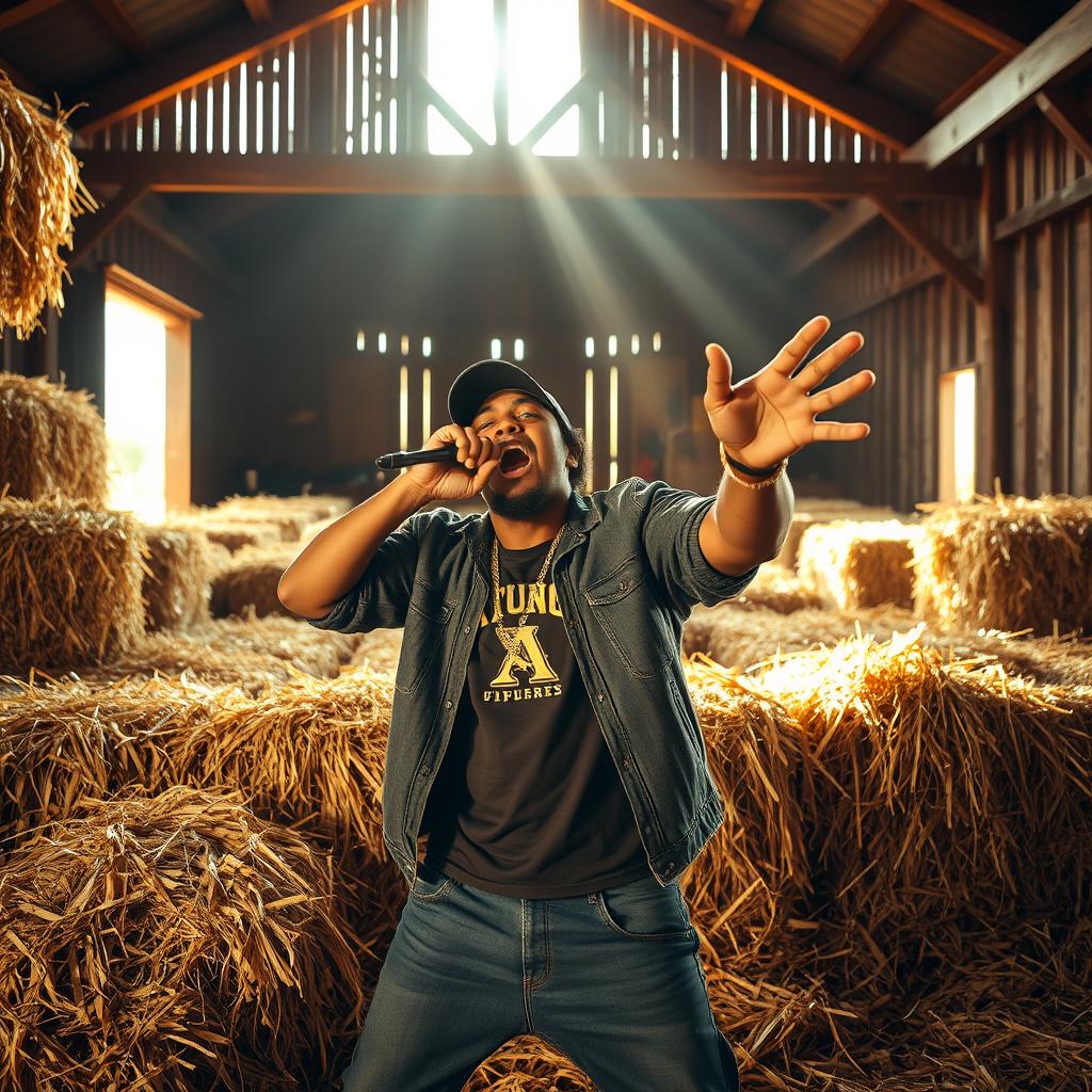 A man passionately rapping in a haystack, surrounded by golden bales of hay and rustic farm elements