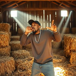 A man passionately rapping in a haystack, surrounded by golden bales of hay and rustic farm elements