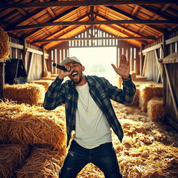 A man passionately rapping in a haystack, surrounded by golden bales of hay and rustic farm elements