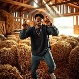 A man passionately rapping in a haystack, surrounded by golden bales of hay and rustic farm elements