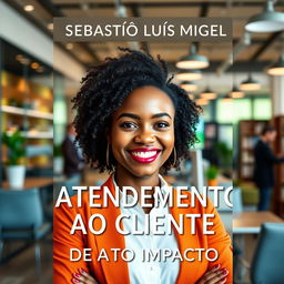 A captivating book cover design that represents the title 'ATENDIMENTO AO CLIENTE DE ALTO IMPACTO', featuring a young, happy Black woman who embodies enthusiasm and professionalism in a modern and dynamic customer service setting