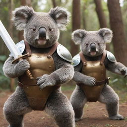 A fierce koala warrior in an intense battle with another koala warrior. Both are equipped with traditional combat armor, their eyes glowing with determination.