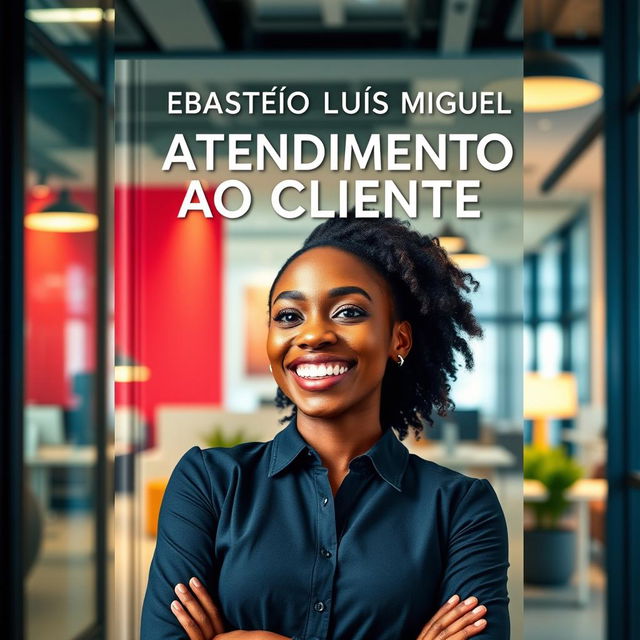 A captivating book cover design that represents the title 'ATENDIMENTO AO CLIENTE DE ALTO IMPACTO', featuring a young, happy Black woman who embodies enthusiasm and professionalism in a modern and dynamic customer service setting