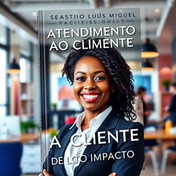 A captivating book cover design that represents the title 'ATENDIMENTO AO CLIENTE DE ALTO IMPACTO', featuring a young, happy Black woman who embodies enthusiasm and professionalism in a modern and dynamic customer service setting