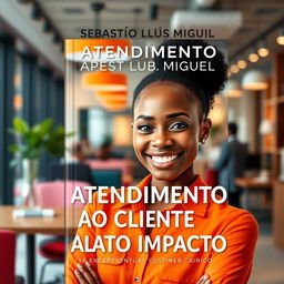 A captivating book cover design that represents the title 'ATENDIMENTO AO CLIENTE DE ALTO IMPACTO', featuring a young, happy Black woman who embodies enthusiasm and professionalism in a modern and dynamic customer service setting