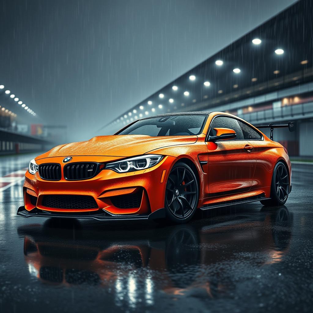 An aggressive BMW M4 equipped with a dynamic and sporty body kit, showcased on the rain-soaked circuit of Le Mans during a dramatic downpour