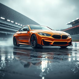 An aggressive BMW M4 equipped with a dynamic and sporty body kit, showcased on the rain-soaked circuit of Le Mans during a dramatic downpour