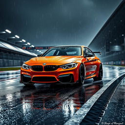 An aggressive BMW M4 equipped with a dynamic and sporty body kit, showcased on the rain-soaked circuit of Le Mans during a dramatic downpour