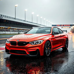 An aggressive BMW M4 equipped with a dynamic and sporty body kit, showcased on the rain-soaked circuit of Le Mans during a dramatic downpour