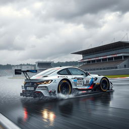 A high-performance racing BMW M4 speeding through the rain-soaked Le Mans track