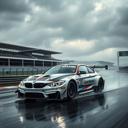 A high-performance racing BMW M4 speeding through the rain-soaked Le Mans track