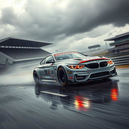 A high-performance racing BMW M4 speeding through the rain-soaked Le Mans track